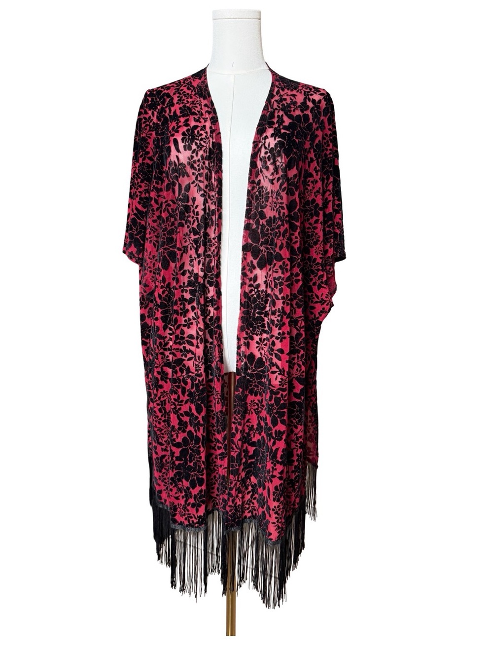 Marcus Adler New York Velvet Flocked Floral Kimono One Size Fringe Sheer Duster